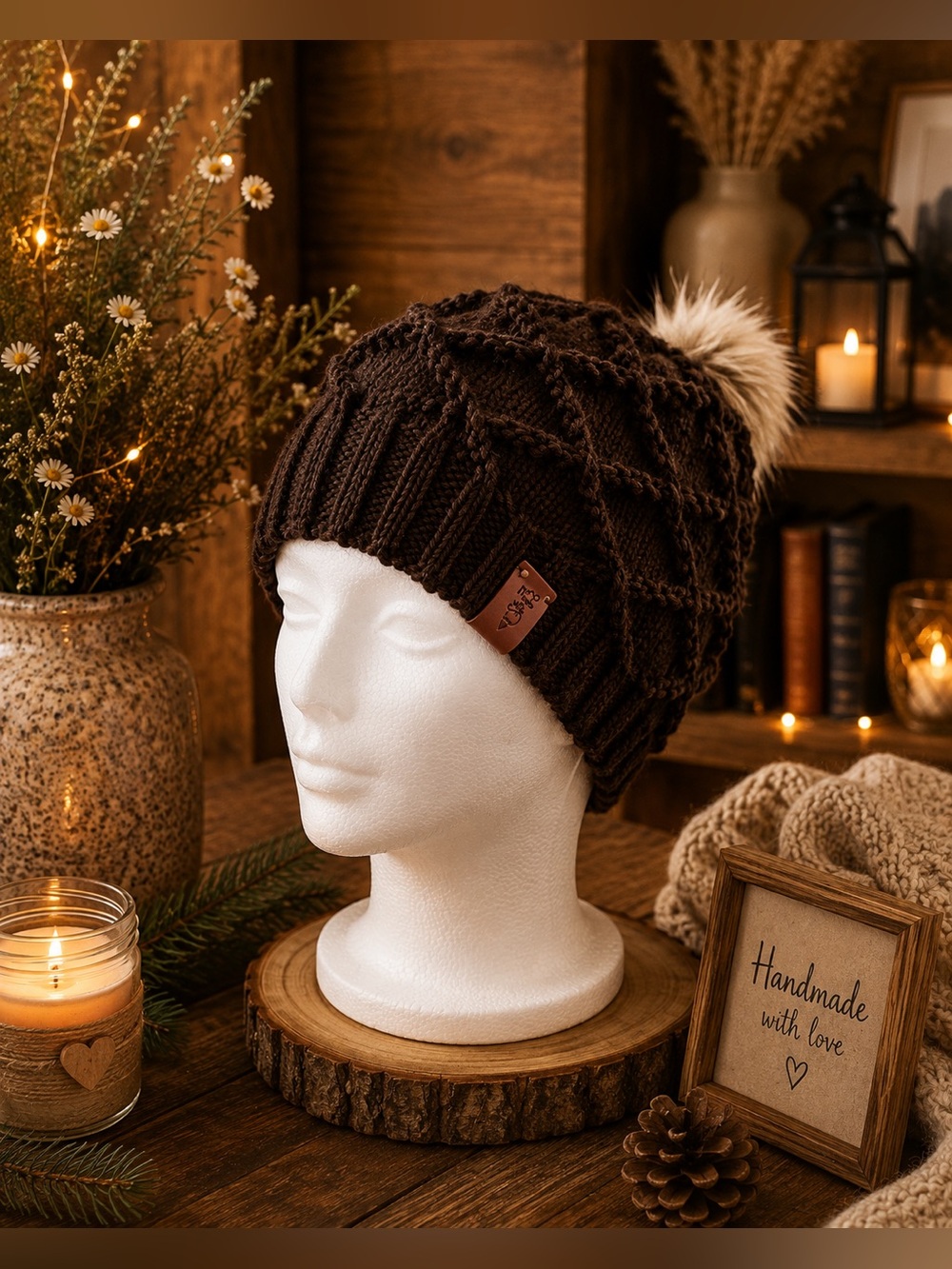 Handmade Brown Knit Beanie with Faux Fur Pom
